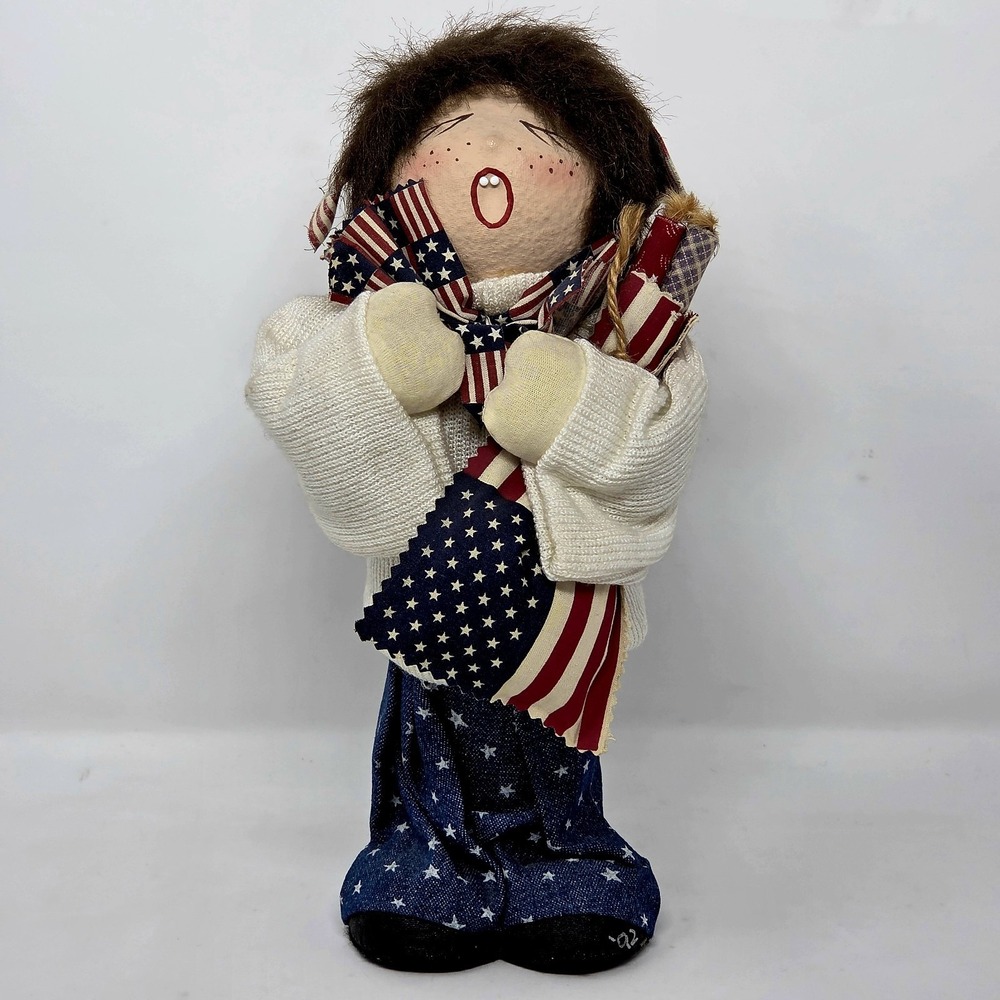 VINTAGE Handcrafted Patriotic Americana Doll with Flag 12" Paper Mache Primitive